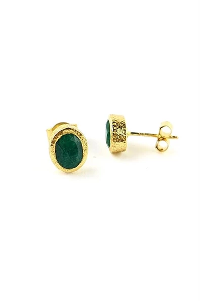 Kök Zümrüt Taşlı 925Ayar Gümüş Üzerine Altın Kaplama Tasarım Doğal Taş Oval Küpe