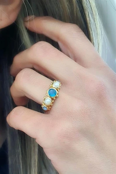 Mavi Kuvars İnci Ve Labrodorite Taşlı 925Ayar Gümüş Üzerine Altın Kaplama Tasarım Doğal Taş Yüzük ürün görseli