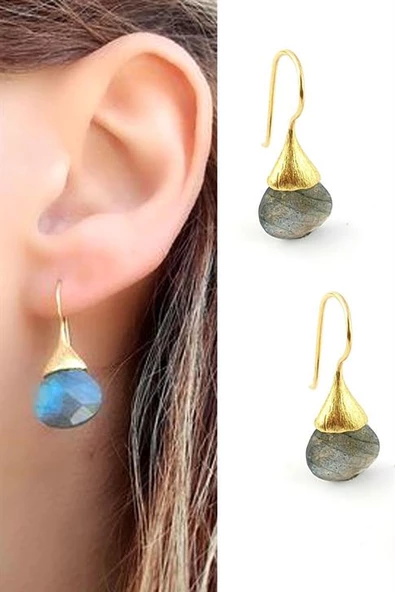 Hematit Taşlı 925Ayar Gümüş Üzerine Altın Kaplama Sallantılı Top Küpe ürün görseli