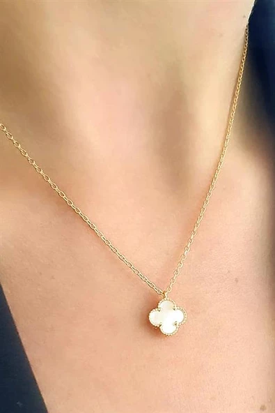 Sedef Taşlı 925Ayar Gümüş Üzerine Altın Kaplama Tasarım Yonca Kolye ürün görseli