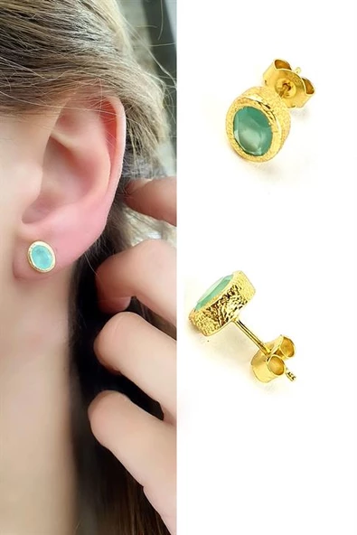 Kalsedon Taşlı 925Ayar Gümüş Üzerine Altın Kaplama Tasarım Doğal Taş Oval Küpe