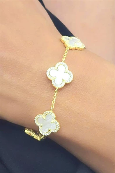 Zirkon Ve Sedef Taş Detaylı 925Ayar Gümüş Üzerine Altın Kaplama İtalyan Yonca Bileklik ürün görseli