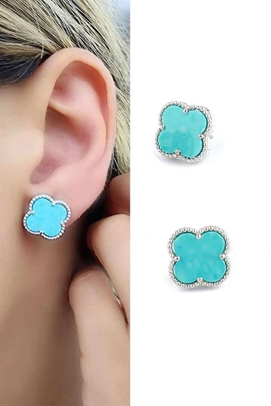 Amazonit Taş 925Ayar Gümüş Tasarım İtalyan Tasarımı Yonca Küpe Özel Seri ürün görseli