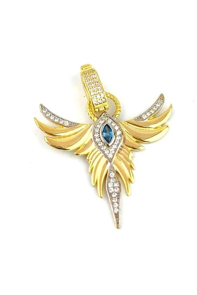 Aquamarin Taşlı 925Ayar Gümüş Üzerine Altın Kaplama Luxury Tasarım Anka Kuşu Kolye Ucu ürün görseli