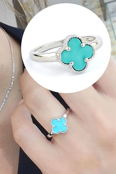 Amazonit Taş Detaylı 925Ayar Gümüş İtalyan Tasarımı Yonca Yüzük ürün görseli