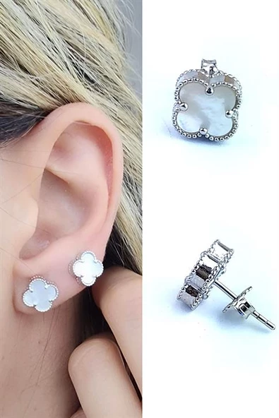 Sedef Taş Detaylı 925Ayar Gümüş İtalyan Tasarımı Yonca Küpe Özel Seri