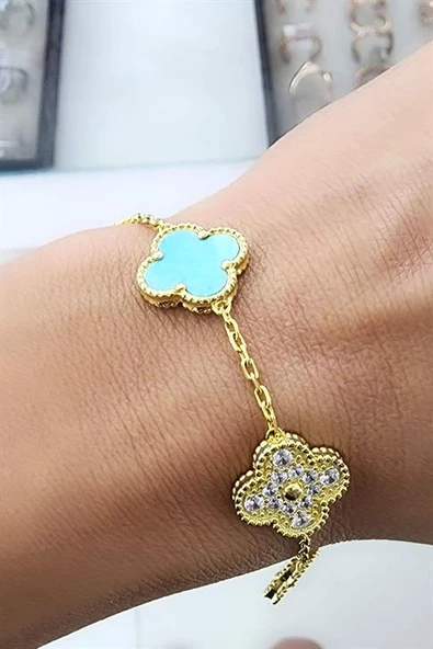 Zirkon Ve Amazonit Taş 925Ayar Gümüş Üzerine Altın Kaplama Tasarım İtalyan Tasarımı Yonca Bileklik ürün görseli