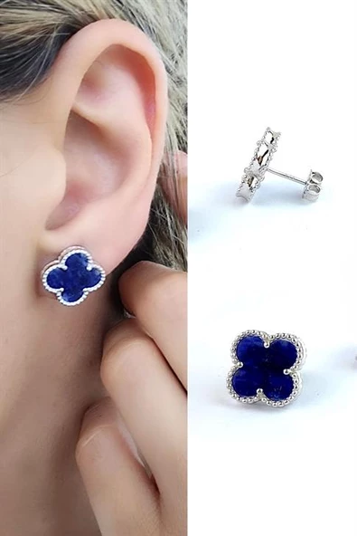 Sodalit Taşlı 925Ayar Gümüş Tasarım İtalyan Tasarımı Yonca Küpe Özel Seri ürün görseli