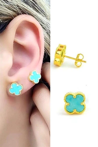 Amazonit Taş Detaylı 925Ayar Gümüş Üzerine Altın Kaplama İtalyan Tasarımı Yonca Küpe Özel Seri ürün görseli