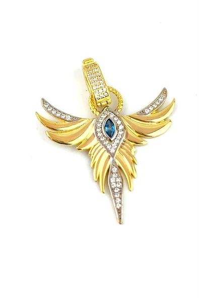 Aquamarin Taşlı 925Ayar Gümüş Üzerine Altın Kaplama Luxury Tasarım Anka Kuşu Kolye Ucu ürün görseli