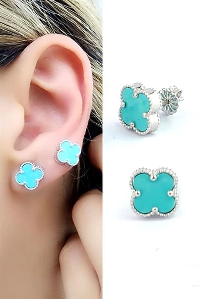 Amazonit Taş Detaylı 925Ayar Gümüş İtalyan Tasarımı Yonca Küpe Özel Seri ürün görseli