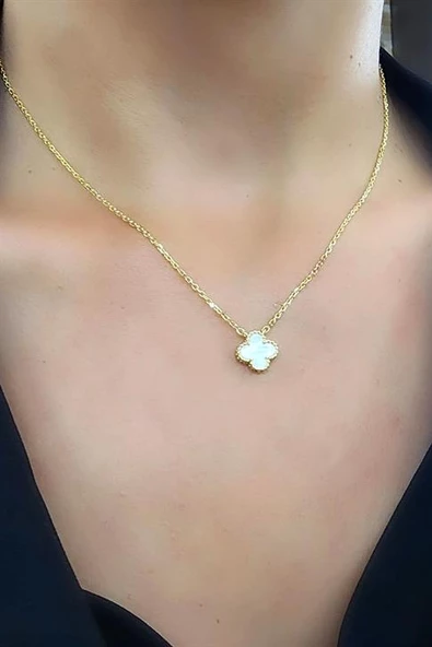 Sedef Taşlı 925Ayar Gümüş  Üzerine Altın Kaplama İtalyan Özel Seri Yonca Kolye ürün görseli