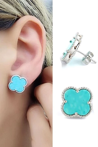 Amazonit Taş 925Ayar Gümüş Tasarım İtalyan Tasarımı Yonca Küpe Özel Seri ürün görseli