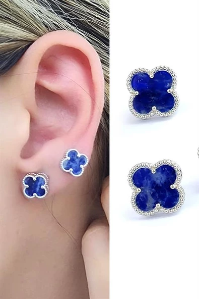 Sodalit Taş Detaylı 925Ayar Gümüş İtalyan Tasarımı Yonca Küpe Özel Seri ürün görseli