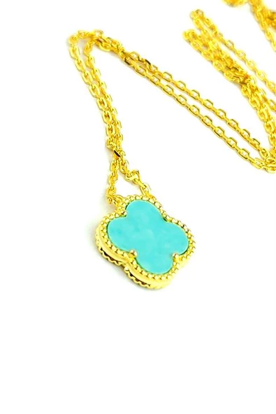 Amazonit Taşlı 925Ayar Gümüş Üzerine Altın Kaplama Yonca Kolye ürün görseli