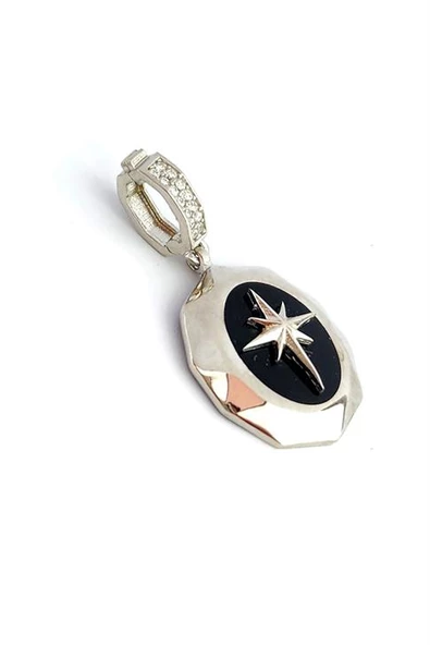 Siyah Mineli Kutup Yıldızı Figürlü 925Ayar Gümüş Luxury Tasarım Kolye Ucu ürün görseli