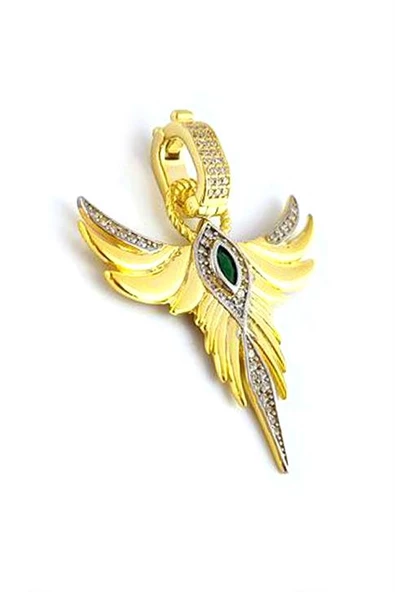 Yeşil Zirkon Taşlı 925Ayar Gümüş Üzerine Altın Kaplama Luxury Tasarım Anka Kuşu Kolye Ucu ürün görseli
