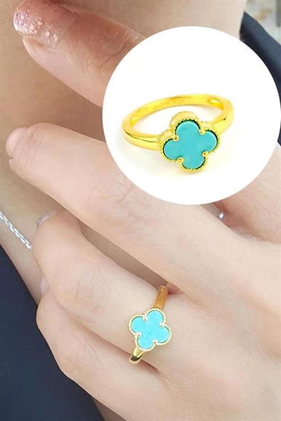 Amazonit Taş Detaylı 925Ayar Gümüş Üzerine Altın Kaplama İtalyan Tasarımı Yonca Yüzük ürün görseli