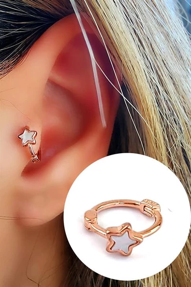 Sedef Taş Detaylı 925Ayar Gümüş Üzerine Rose Altın Kaplama Yıldız Figürlü Tragus Kıkırdak Halka Piercing ürün görseli