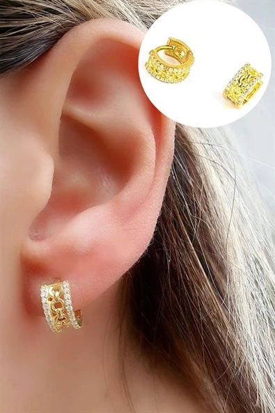 Zirkon Taş Detaylı 925Ayar Gümüş Üzerine Altın Kaplama Minimal Halka Küpe Cap 7Mm ürün görseli