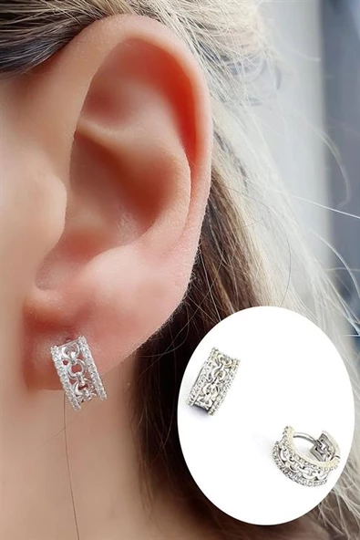 Zirkon Taş Detaylı 925Ayar Gümüş Minimal Halka Küpe Cap 7Mm ürün görseli