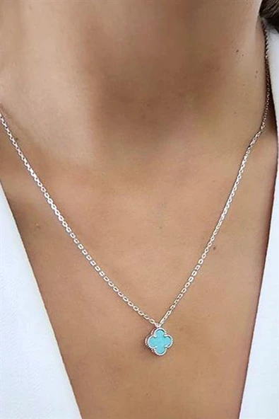 Amazonit Taş Detaylı 925Ayar Gümüş İtalyan Tasarımı Yonca Kolye ürün görseli