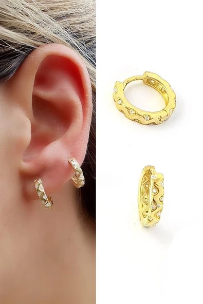 İtalyan 925Ayar Gümüş Üzerine Altın Kaplama Zirkon Taş Detaylı Trend Küpe ürün görseli