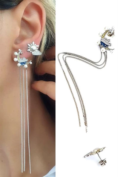 Ay Güneş Figürlü 925Ayar Gümüş Tasarım Asimetrik Küpe ürün görseli