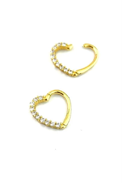 Zirkon Taş Detaylı 925Ayar Gümüş Üzerine  Altın Kaplama Kalp Şeklinde Küpe ürün görseli