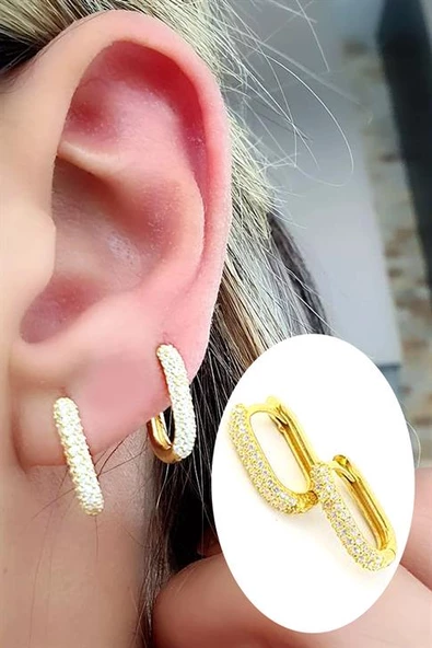 Zirkon Taş Detaylı 925 Ayar Gümüş Oval Halka Küpe ürün görseli