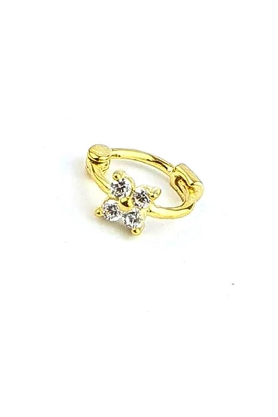 Zirkon Taş Detaylı 925Ayar Gümüş Üzerine Altın Kaplama Tragus Kıkırdak Halka Piercing 6Mm Cap ürün görseli