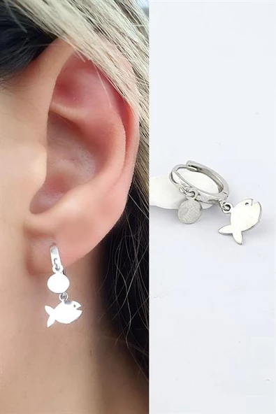 Pul Ve Balık Figürlü 925Ayar Gümüş Tek Küpe ürün görseli