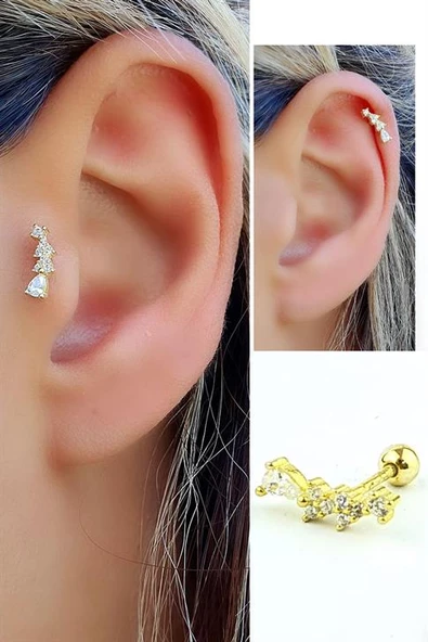 Zirkon Taşlı 925Ayar Gümüş Üzerine Altın Kaplama Tragus Ve Helix Kikirdak Piercing ürün görseli