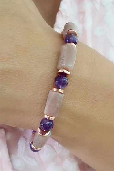 Pembe Kuvars Ametist Ve Hematit Taşlı El İşi Tasarım Doğal Taş Bileklik