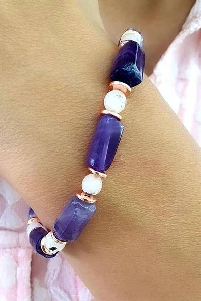 Ametist Pembe Kuvars Ve Hematit Taşlı Tasarım Doğal Taş Bileklik ürün görseli