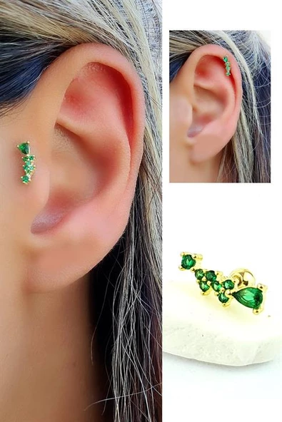 Yeşil Zirkon Taşlı 925Ayar Gümüş Üzerine Altın Kaplama Tragus Ve Helix Kikirdak Piercing ürün görseli