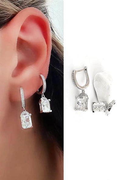 Sky Diamond Taşlı 925Ayar Gümüş Üzerine Beyaz Altın Kaplama Şık Küpe