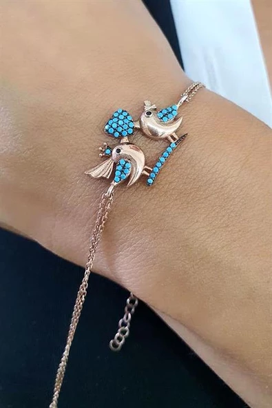 Turkuaz Taşlı 925Ayar Gümüş Üzerine Rose Altın Kaplama Çifte Kumrular Bileklik ürün görseli