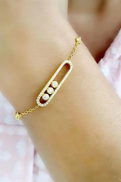 İtalyan 925Ayar Gümüş Üzerine Altın Kaplama Tasarım Taşları Hareketli Bileklik ürün görseli