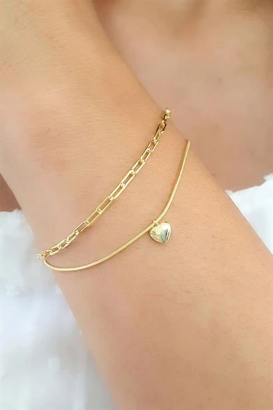 İtalyan Tasarımı Gümüş Üzerine Altın Kaplama Kalp Detaylı Çift Zincirli Trend Bileklik ürün görseli