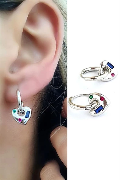 Renkli Zirkon Taşlı 925 Ayar Gümüş Trend Halka Küpe ürün görseli