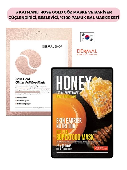 3 Katmanlı Rose Gold Göz Maske ve Bariyer Güçlendirici, Besleyici, %100 Pamuk Bal Maske Seti