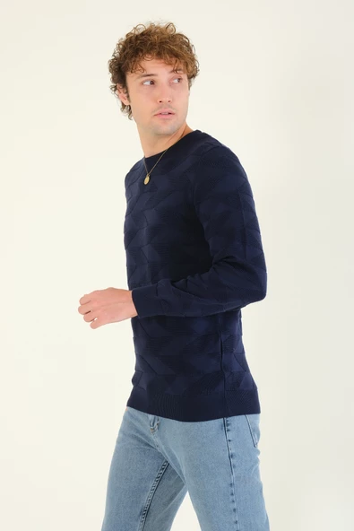 Erkek Kendinden Desenli Sıfır Yaka Kazak Lacivert - 3