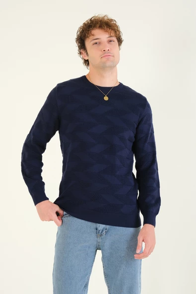 Erkek Kendinden Desenli Sıfır Yaka Kazak Lacivert - 2