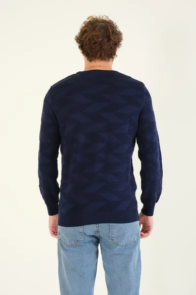 Erkek Kendinden Desenli Sıfır Yaka Kazak Lacivert - 6