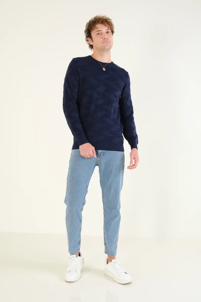 Erkek Kendinden Desenli Sıfır Yaka Kazak Lacivert - 4