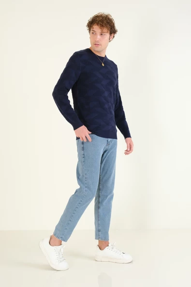 Erkek Kendinden Desenli Sıfır Yaka Kazak Lacivert - 5