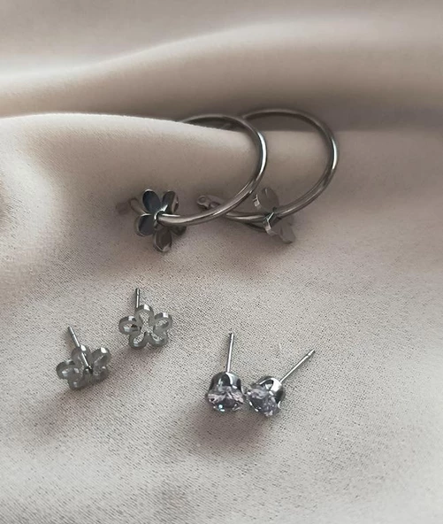Küpe Kararmaz Çelik 316L Lüks 3 lü Set Kadın Küpe Halka Taşlı Küpe - 4