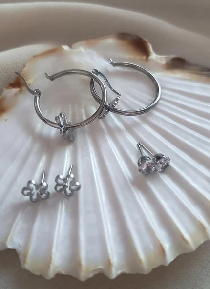 Küpe Kararmaz Çelik 316L Lüks 3 lü Set Kadın Küpe Halka Taşlı Küpe - 3