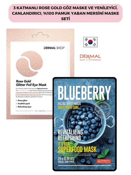 3 Katmanlı Rose Gold Göz Maske ve Yenileyici, Canlandırıcı, %100 Pamuk Yaban Mersini Maske Seti